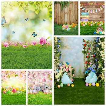 Счастливая Пасха Фоны Кролик Кролик Яйца Весна Цветок Луга Пейзаж Детский душ День рождения Фотография Фоновый реквизит