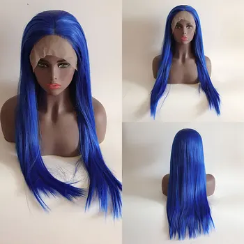  Темно-синий Длинные Прямые Синтетические 13X4 Кружевные Передние Парики Бесклеевые Высококачественные Термостойкие Волокна Волосы Средний Пробор Для Женщин