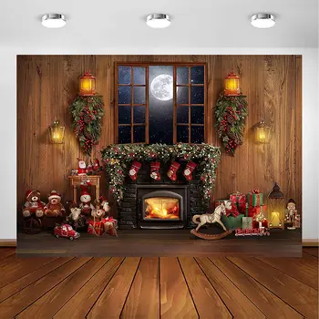 Фон для камина Винтажные рождественские фоны для фотографии Рождественская хижина Подарок Праздничные украшения Фон для фотобудки