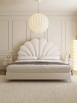 Французская кровать в кремовом стиле, кровать из силиконовой кожи, легкая роскошная мягкая кровать, современная и простая