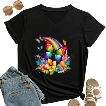 Футболка с бабочкой и радугой ЛГБТ Женская одежда Femme Модные футболки Футболки Y2k Топы Футболка Лето Футболка с V-образным вырезом Harajuku Camiseta
