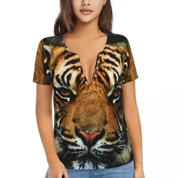 Футболка с тигровым принтом Животные Винтажные футболки Сексуальная футболка с глубоким V-образным вырезом и коротким рукавом на заказ Футболка 2024 Женская уличная модная одежда