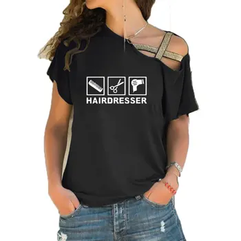 Хипстер Парикмахер Печатное оружие Женская футболка с ножницами Женская футболка Нерегулярный перекос Крест Бандаж Топы