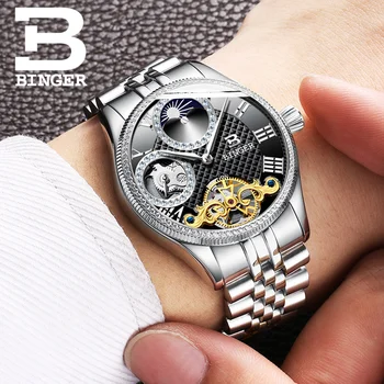 Швейцария Binger Для мужских часов Скелетон Автоматические механические наручные часы Циркон Бриллиант Новый Сапфир Стекло Мужской Reloj Hombre