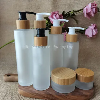Экологически чистая пустая бамбуковая матовая стеклянная бутылка и банка для конопляного крема CBD Деревянная косметическая упаковка Оптом оптом
