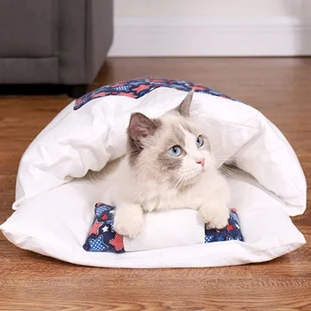 Японская кровать для кошек Зимний съемный теплый спальный мешок Глубокий сон Кровать для домашних животных Собака Дом Кошка Гнездо Подушка с подушкой